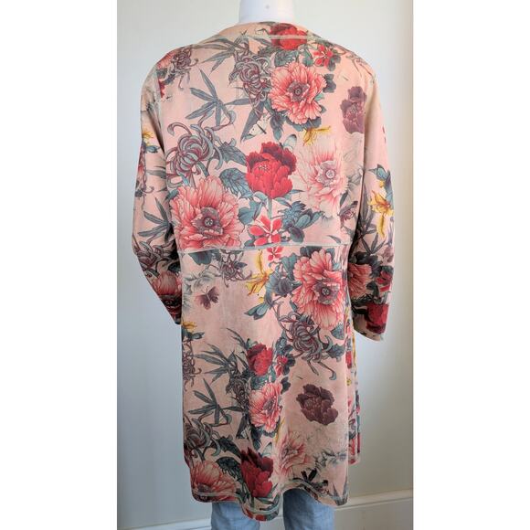 Solitaire Duster Jacket Medium Pink Floral Faux Suede Open Front Pockets Boho - Picture 7 of 12